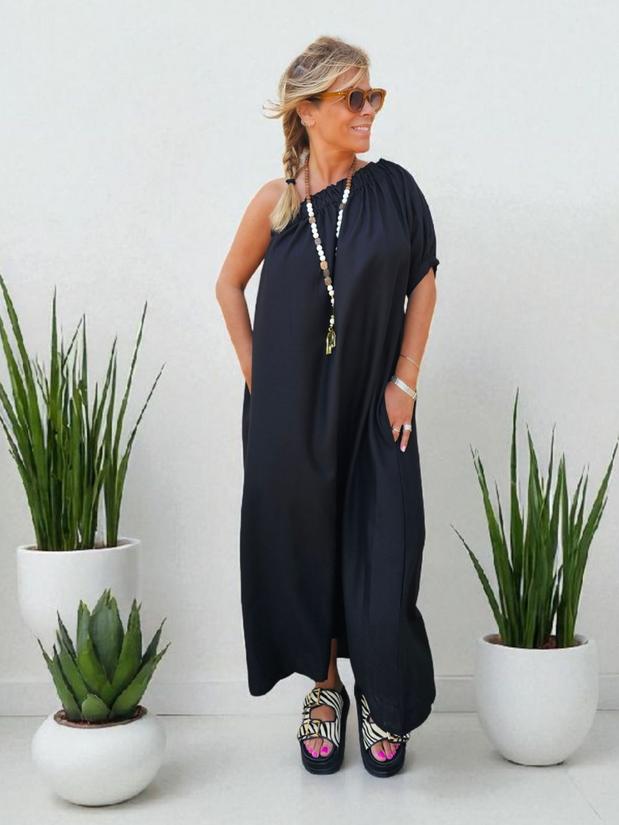 VESTIDO ASSIMÉTRICO LINHO PRETO