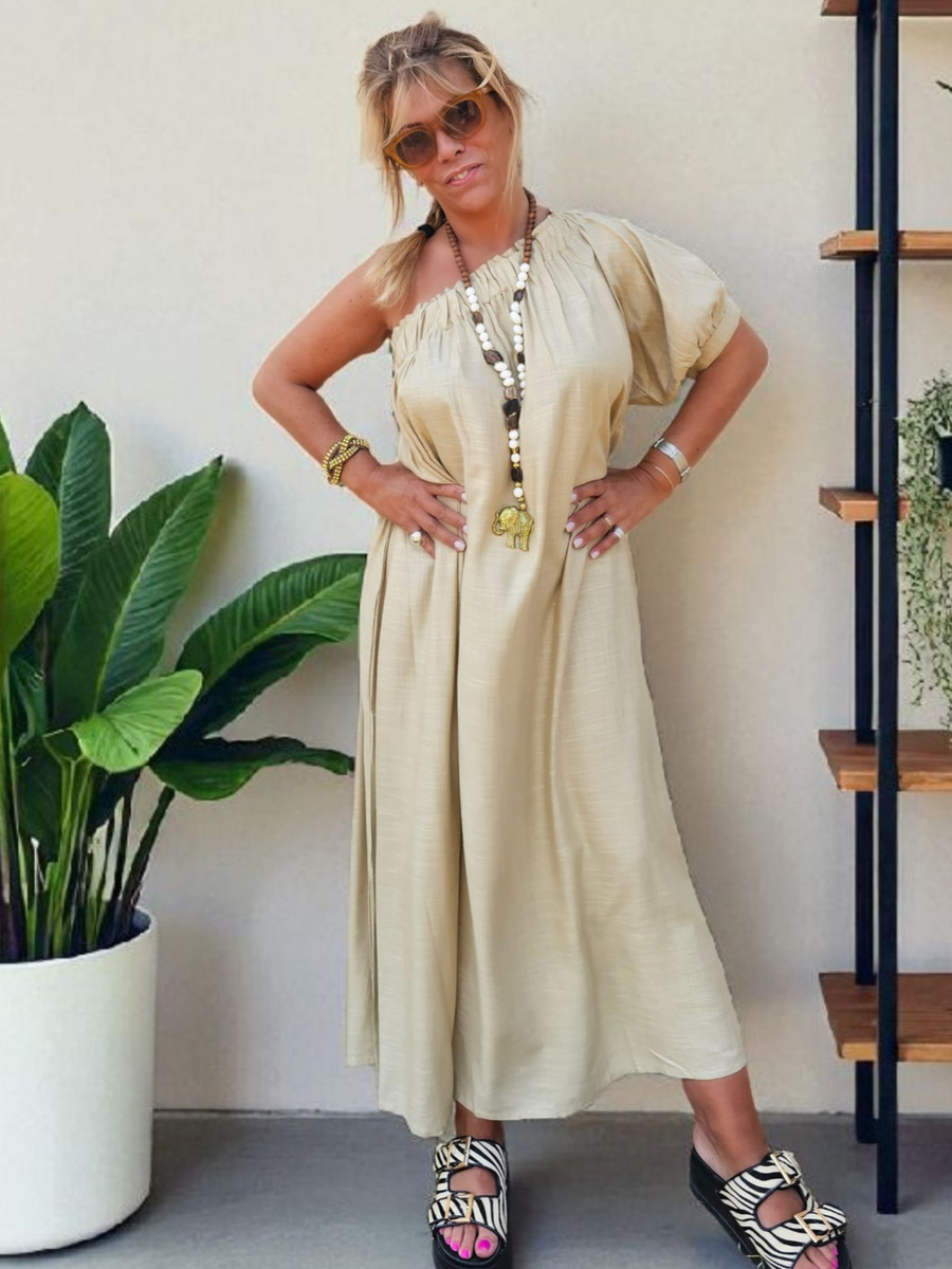 VESTIDO ASSIMÉTRICO AREIA