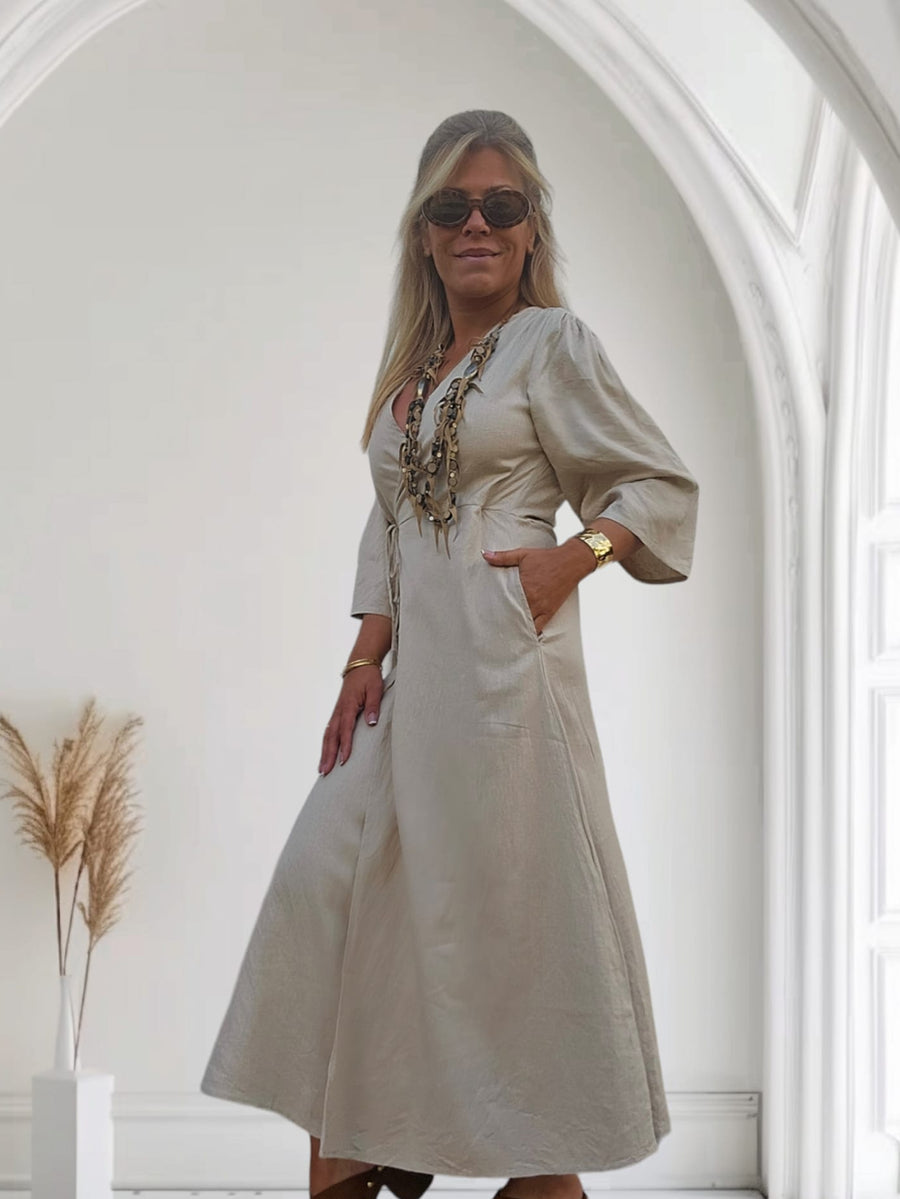 VESTIDO LINHO TRAÇADO AREIA