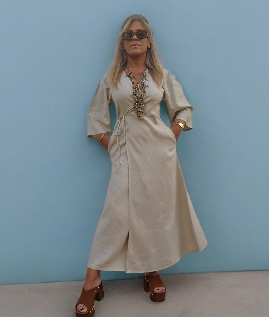 VESTIDO LINHO TRAÇADO AREIA