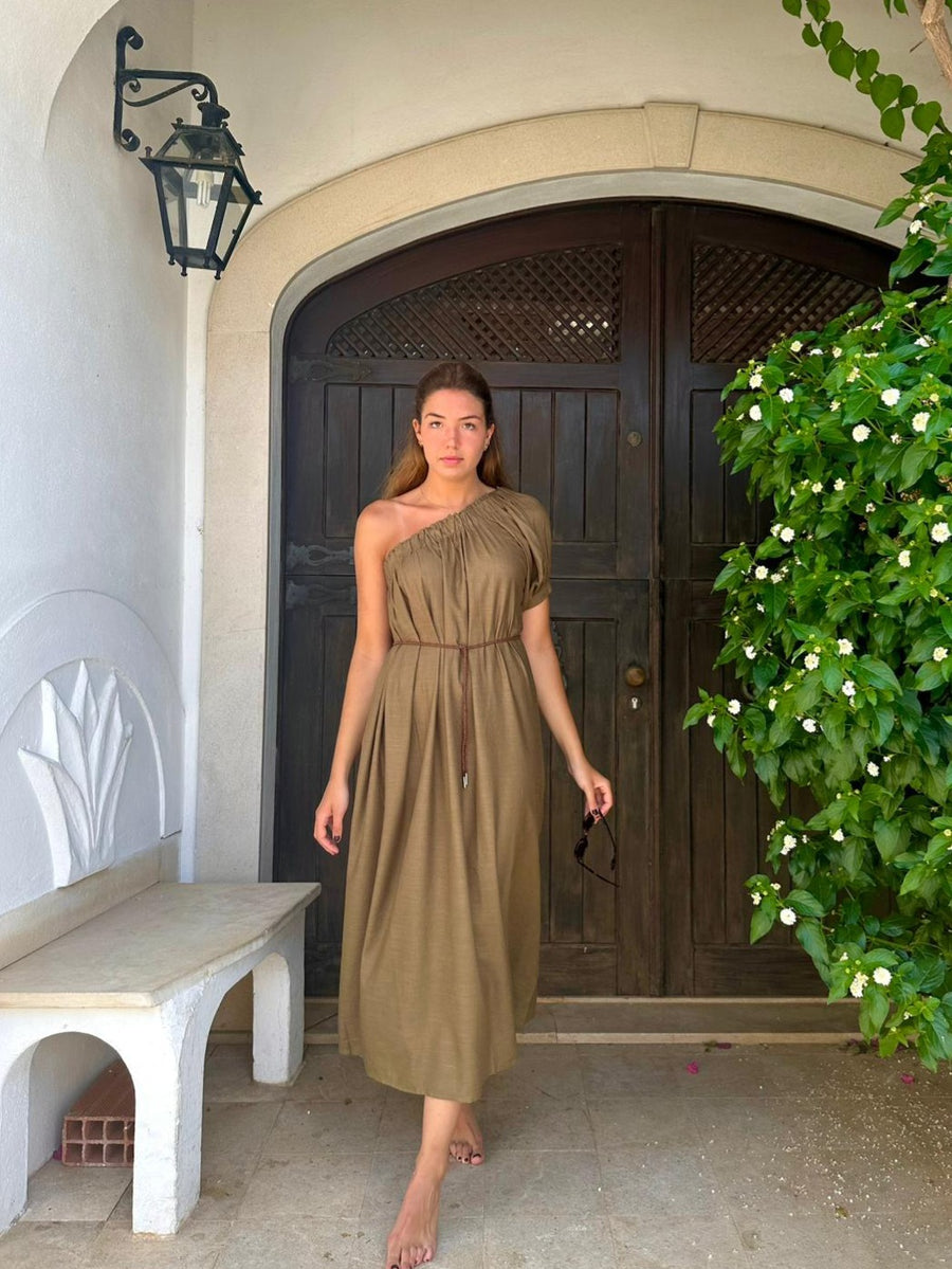 VESTIDO ASSIMÉTRICO LINHO CAQUI