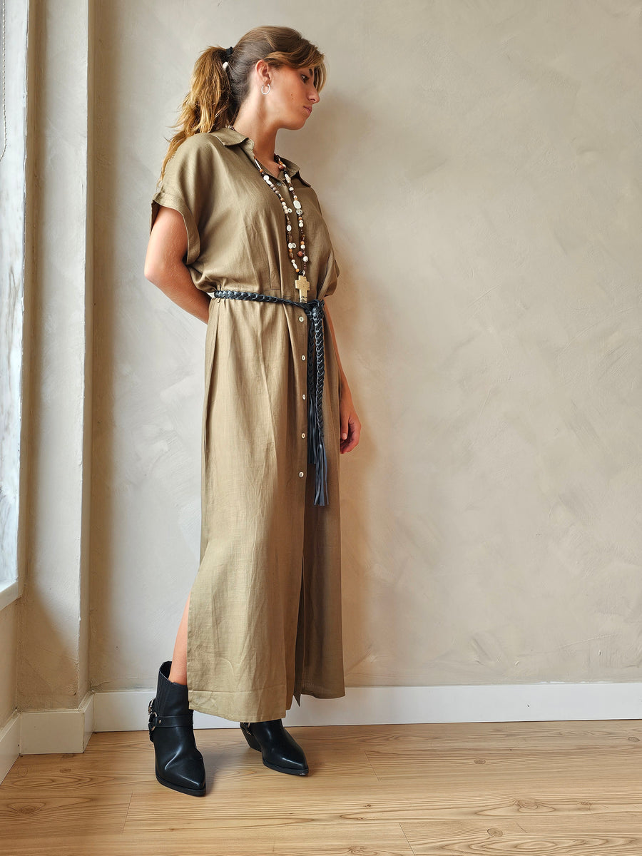 VESTIDO SAFARI LINHO CAQUI