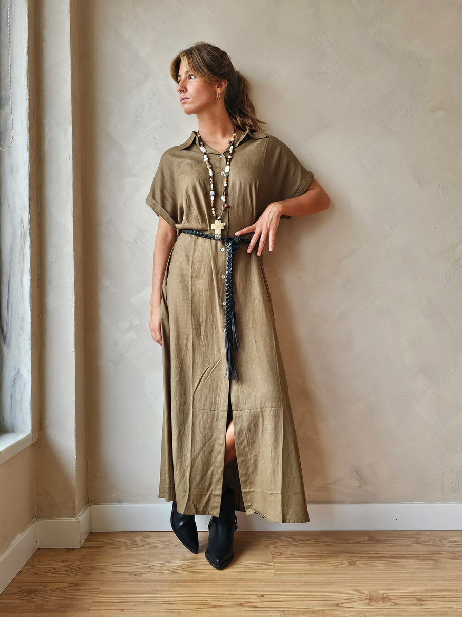 VESTIDO SAFARI LINHO CAQUI