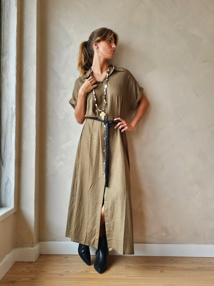 VESTIDO SAFARI LINHO CAQUI