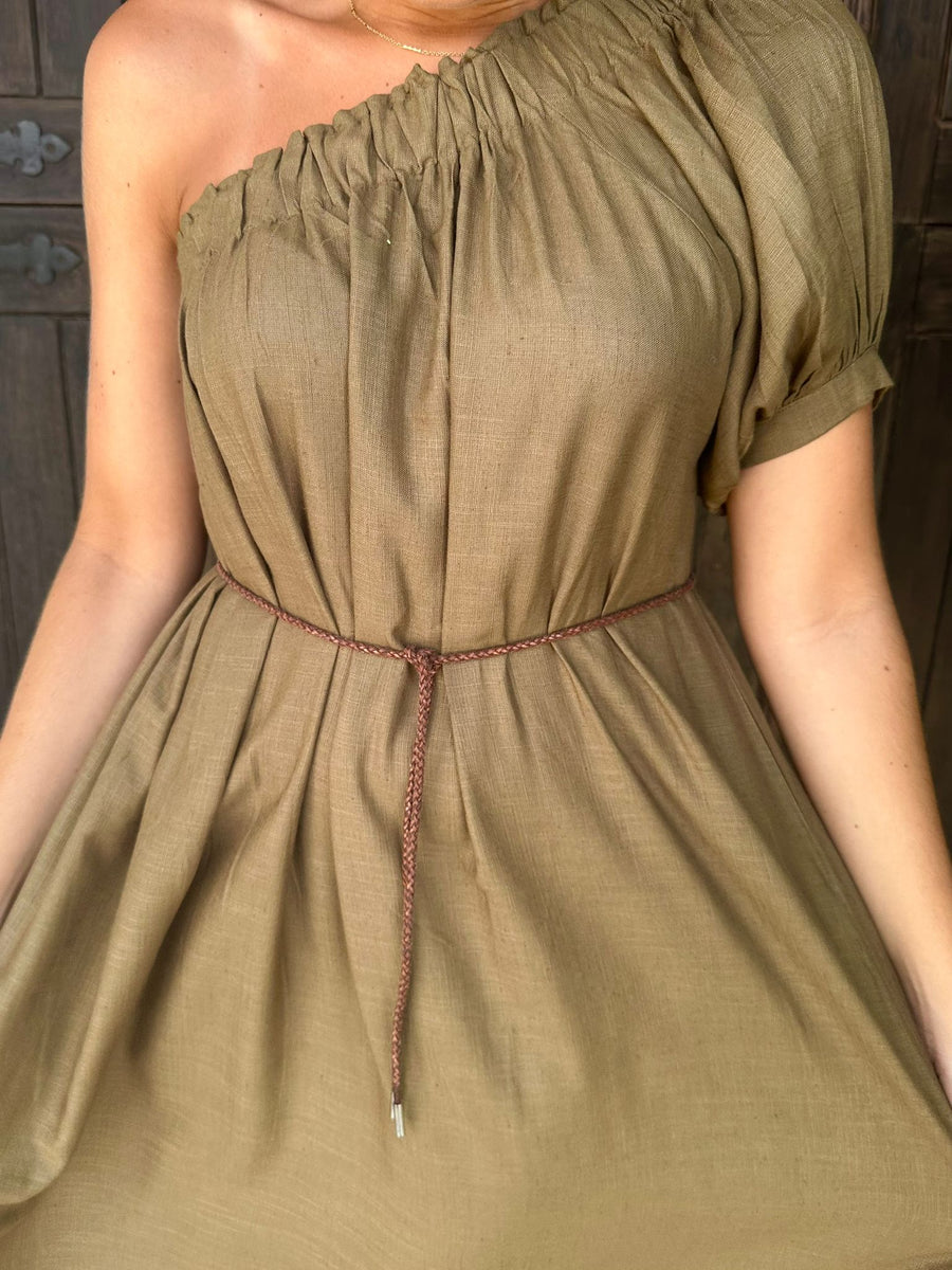 VESTIDO ASSIMÉTRICO LINHO CAQUI