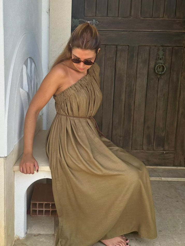 VESTIDO ASSIMÉTRICO LINHO CAQUI